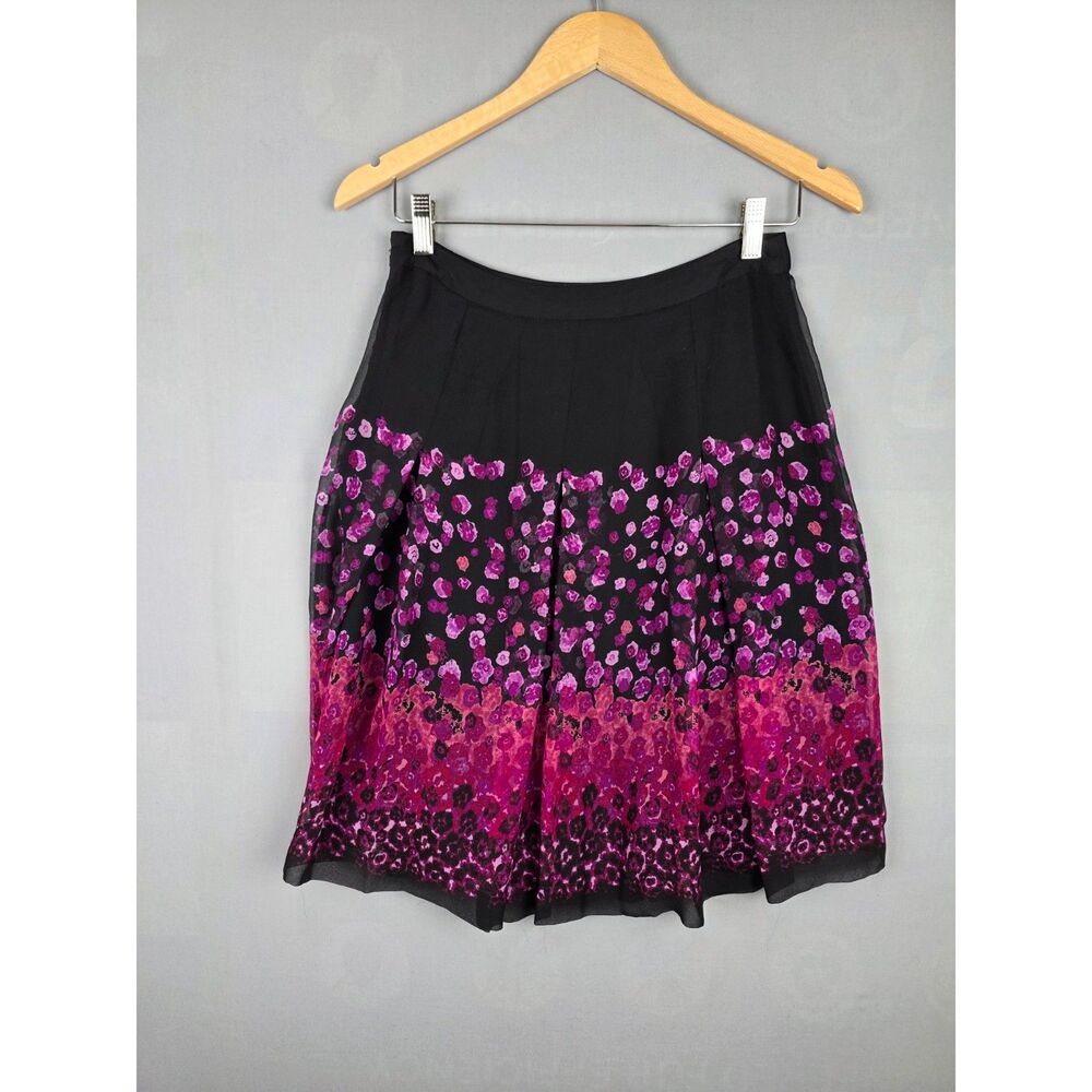 Pleated Silk Skirt 4 P Black and Pink Floral Coquette Feminine Y2K Career Office